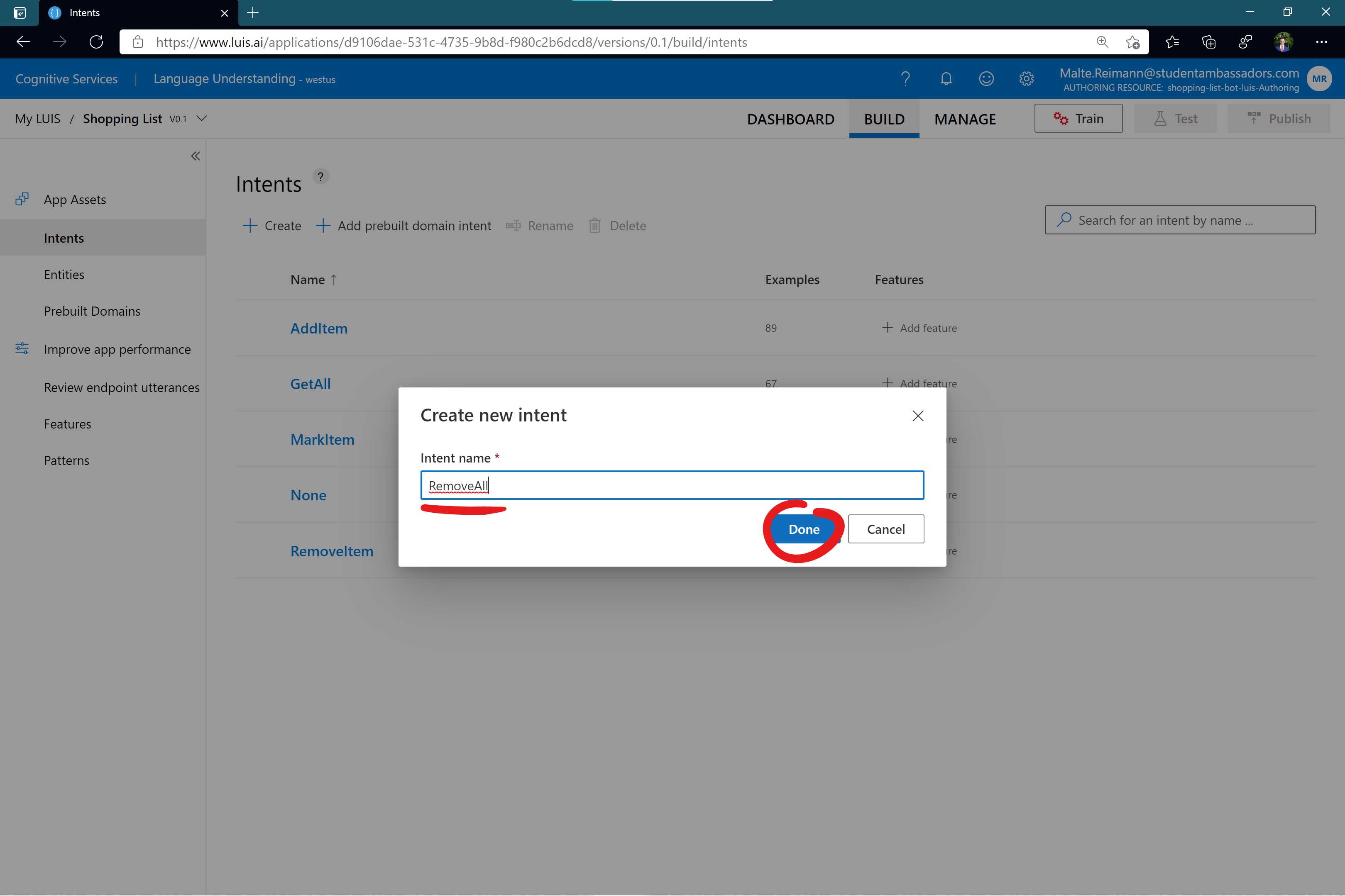 Screenshot of luis.ai 'Create new Intent' prompt with text field name contains 'RemoveAll' and red circle around 'Done' button