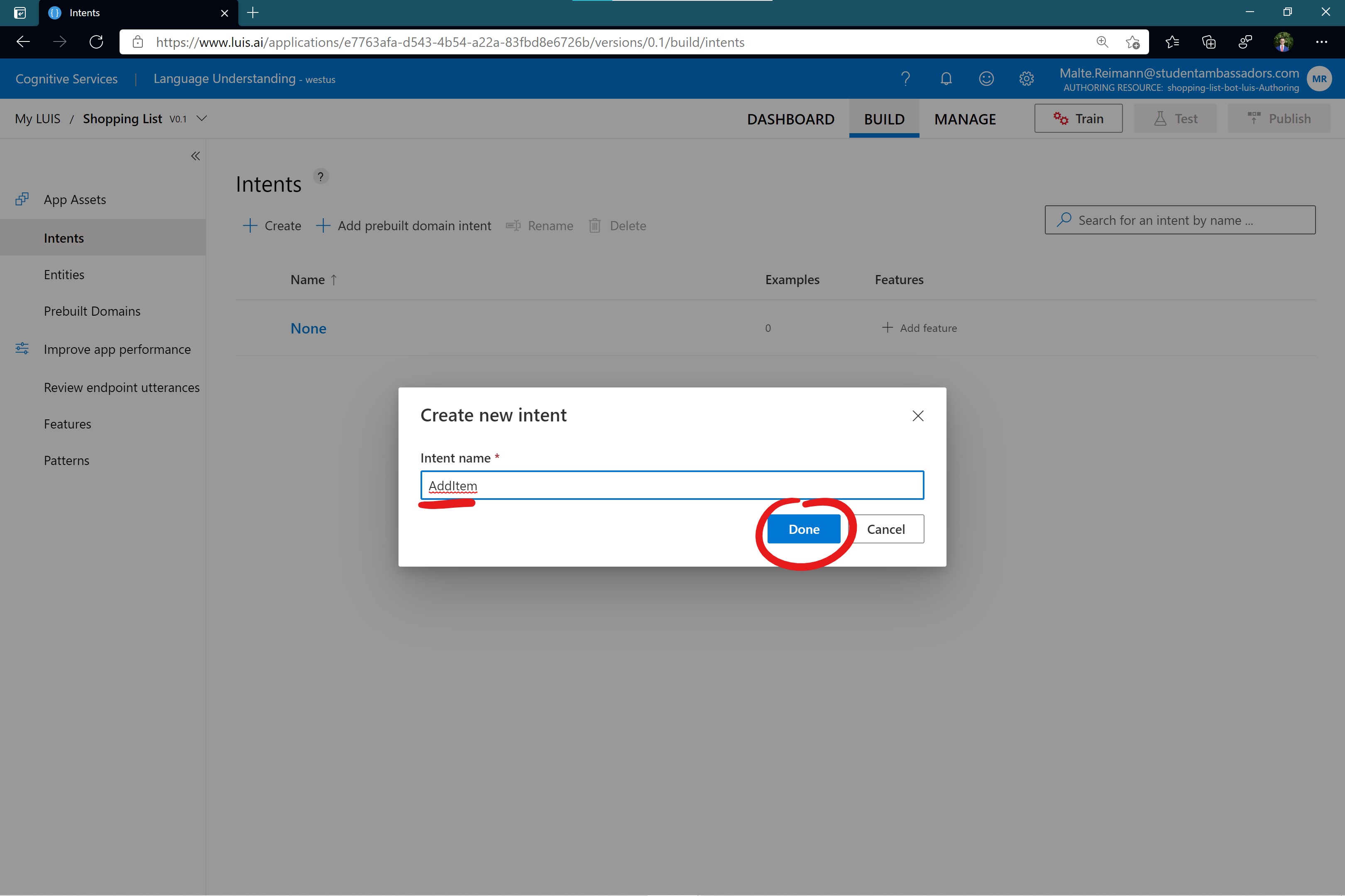Screenshot of luis.ai 'Create new Intent' prompt with text field name contains 'AddItem' and red circle around 'Done' button