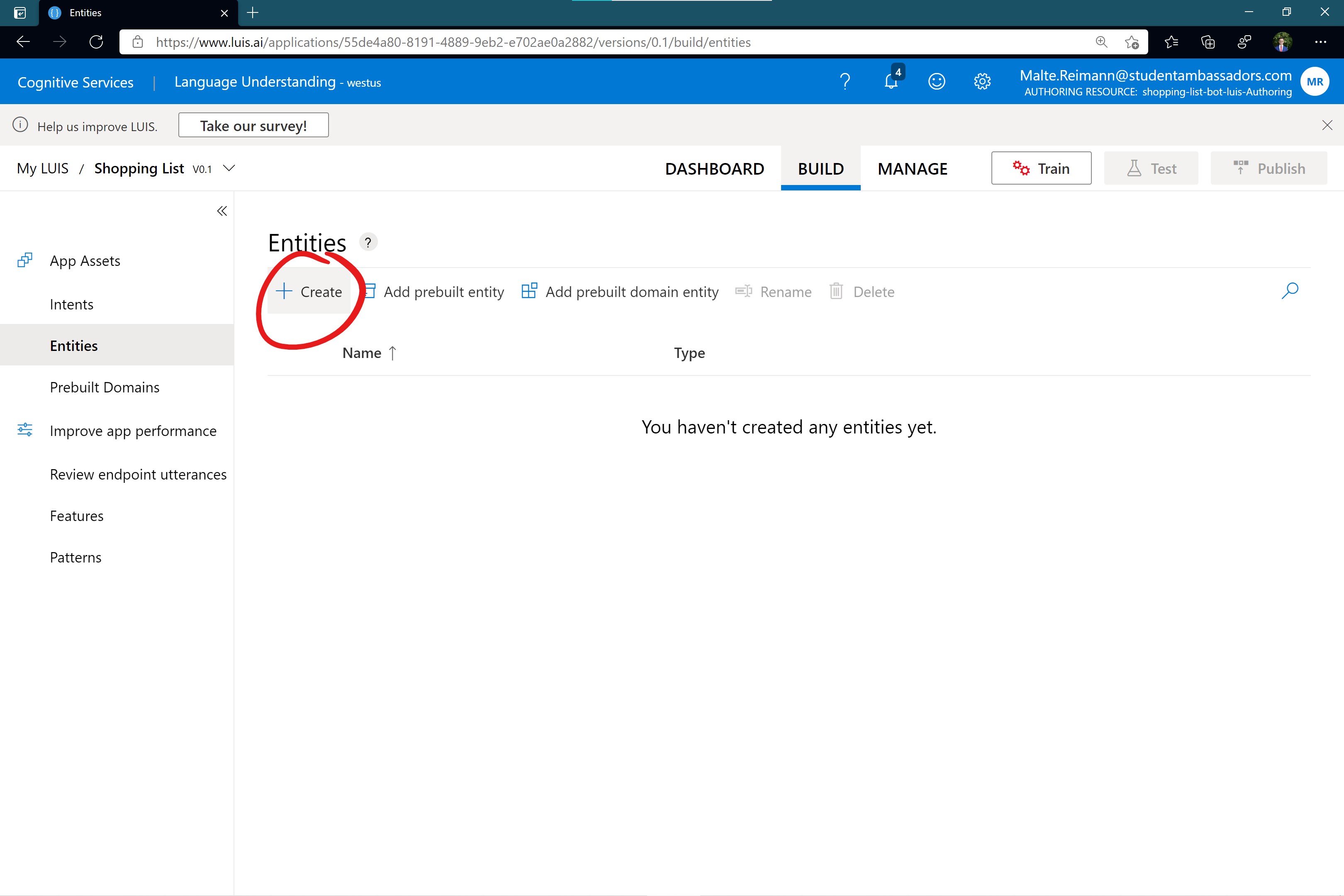 Screenshot of luis.ai empty Entities page with a red circle around '+ Create' button