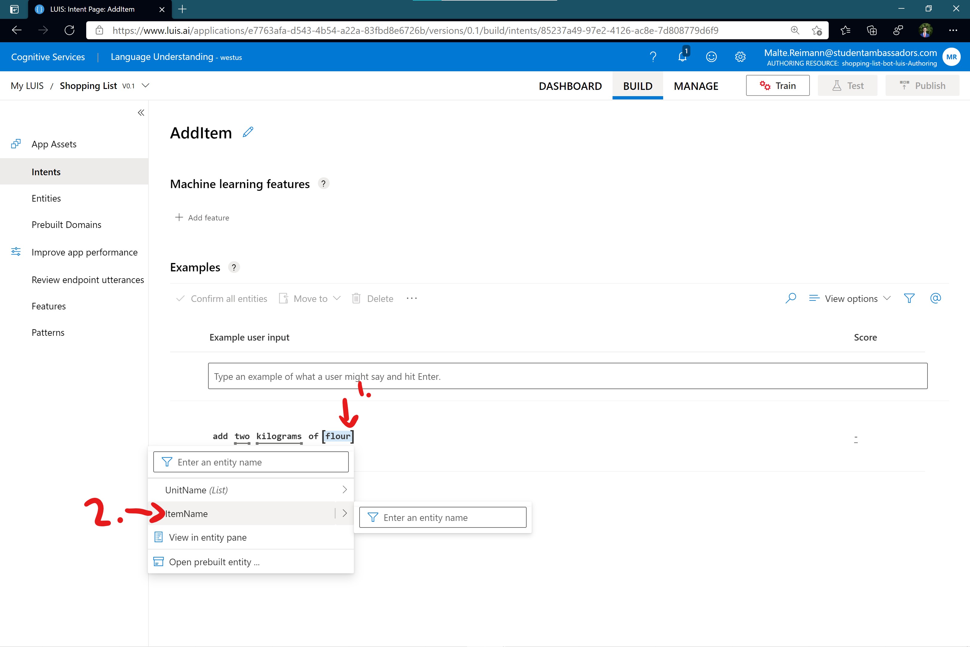 Screenshot of luis.ai 'AddItem' intent page with 'flour' in example sentence marked and flyout presenting all the entities we can select.