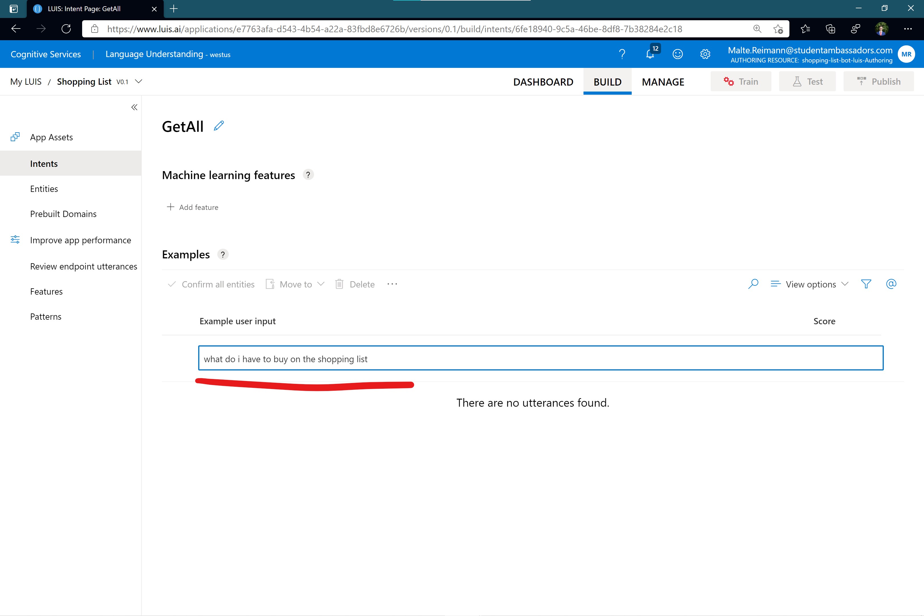 Screenshot of luis.ai 'GetAll' intent page with 'what do i have to buy on the shopping list' typed in as an example user input.