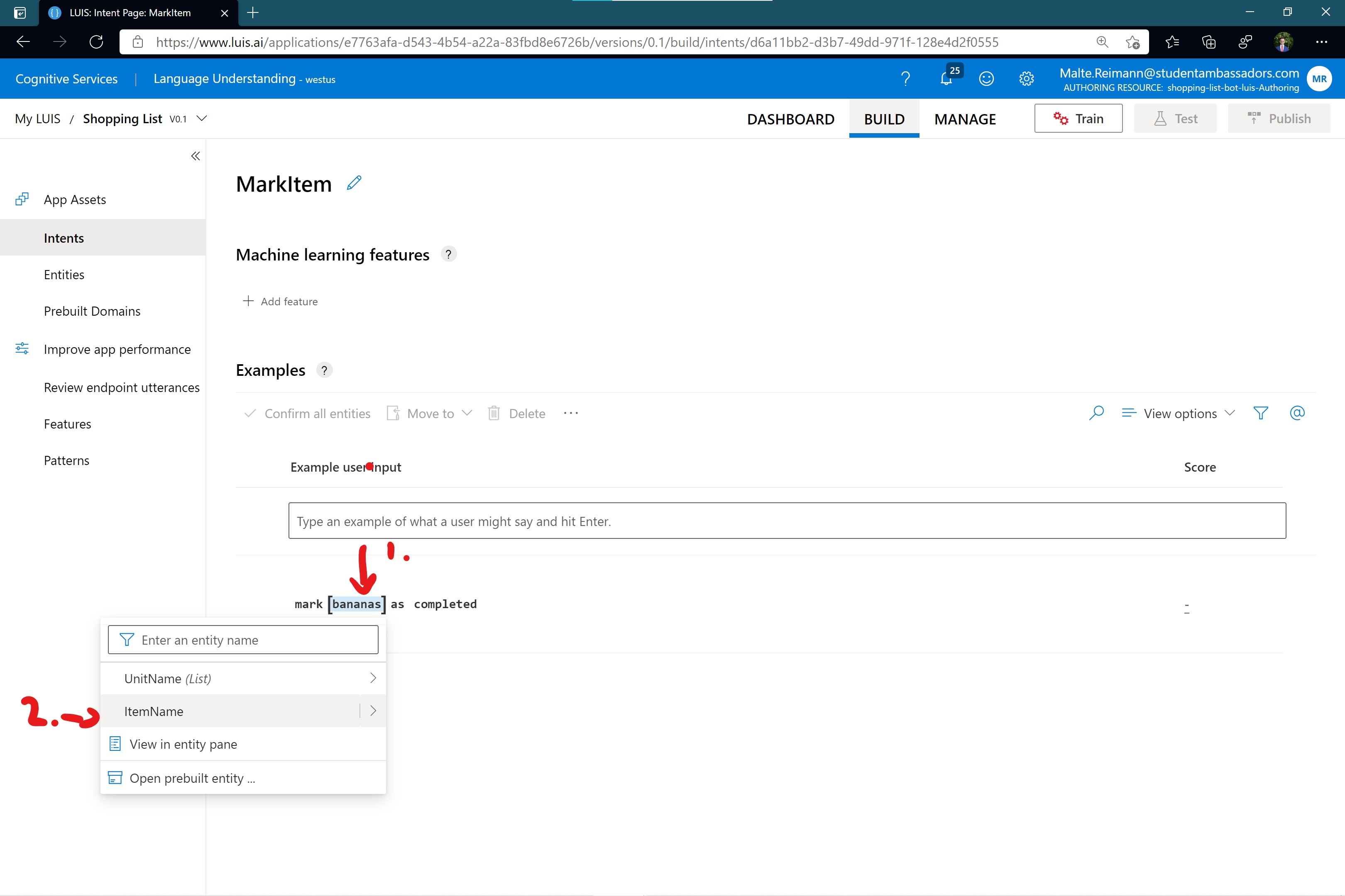 Screenshot of luis.ai 'MarkItem' intent page with 'bananas' in example sentence marked and flyout presenting all the entities we can select.
