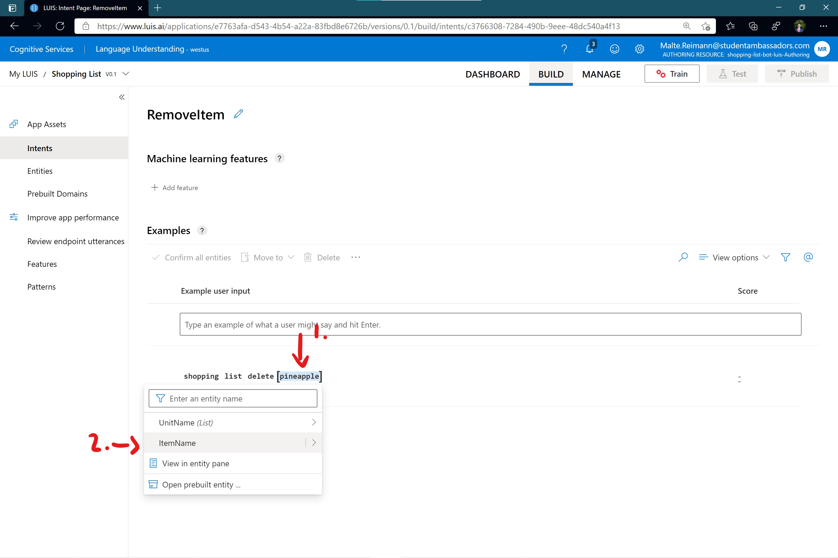 Screenshot of luis.ai 'RemoveItem' intent page with 'pineapple' in example sentence marked and flyout presenting all the entities we can select.