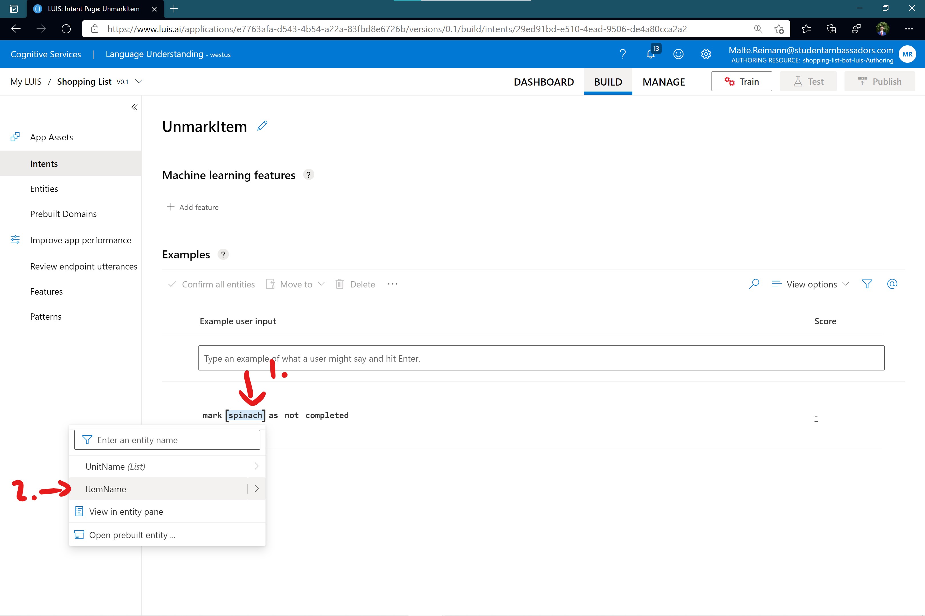 Screenshot of luis.ai 'UnmarkItem' intent page with 'spinach' in example sentence marked and flyout presenting all the entities we can select.