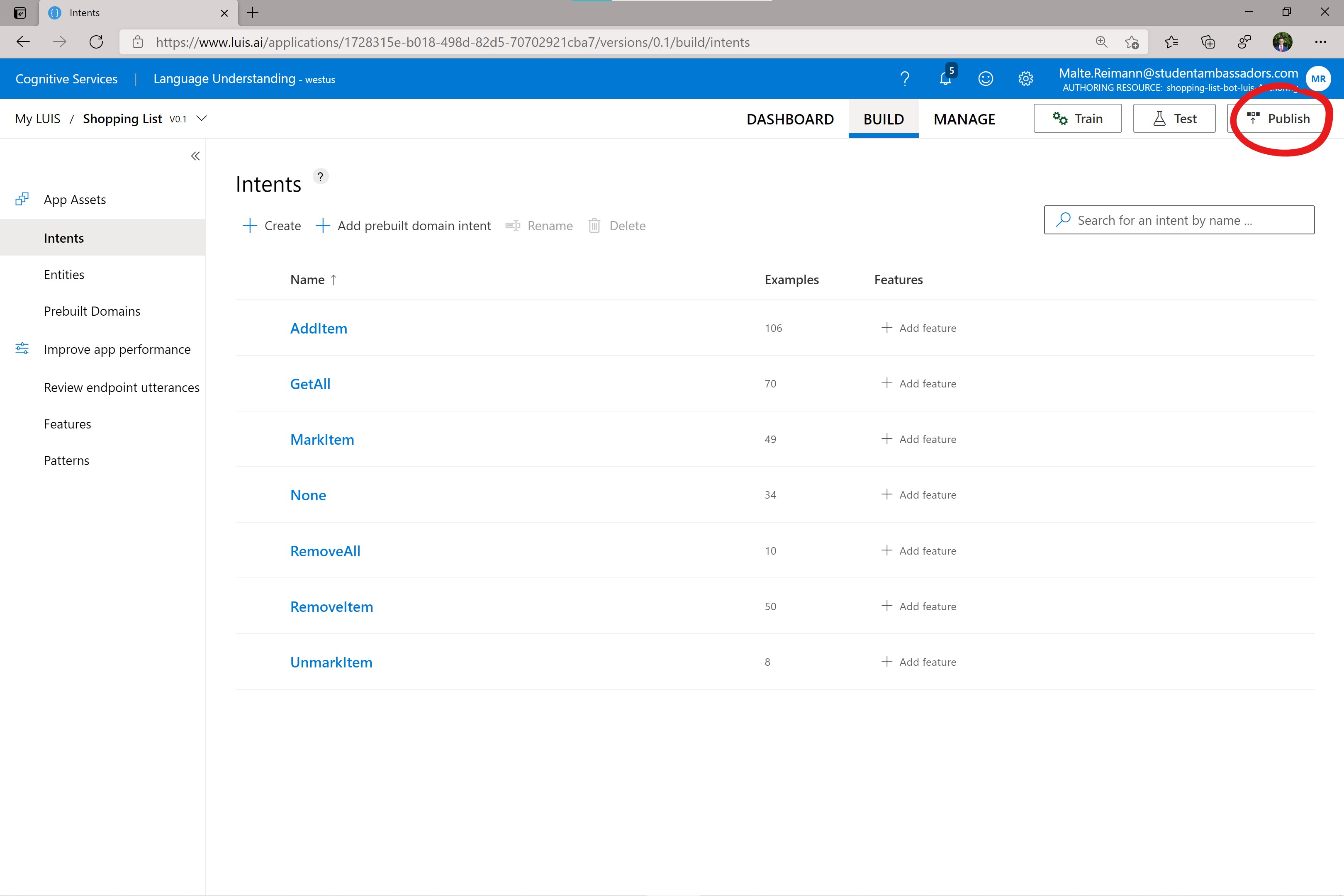 Screenshot of luis.ai intents page with a red circle around 'Publish' button