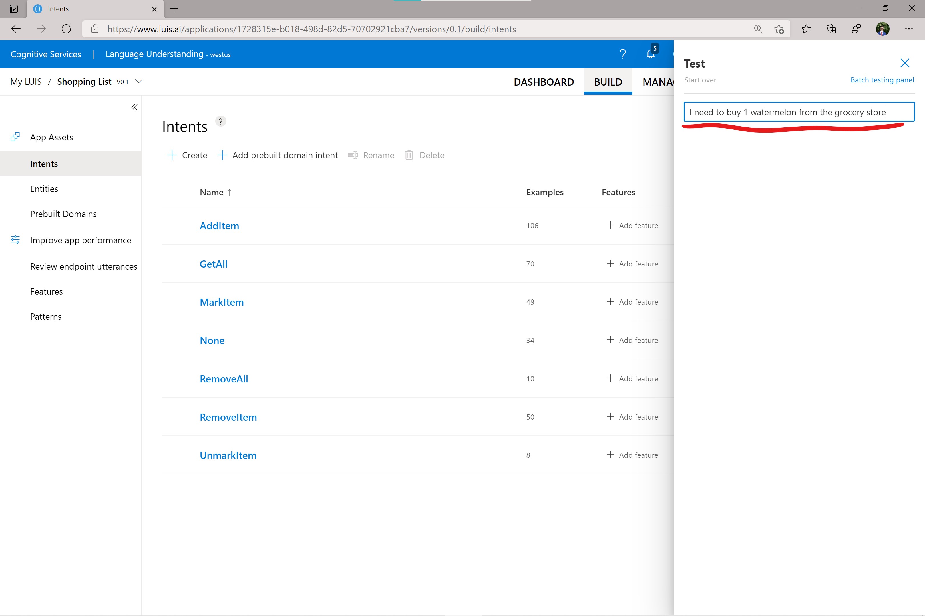 Screenshot of luis.ai test panel with 'i need to buy 1 watermelon from the grocery store' typed into the 'test utterance ...' text box.