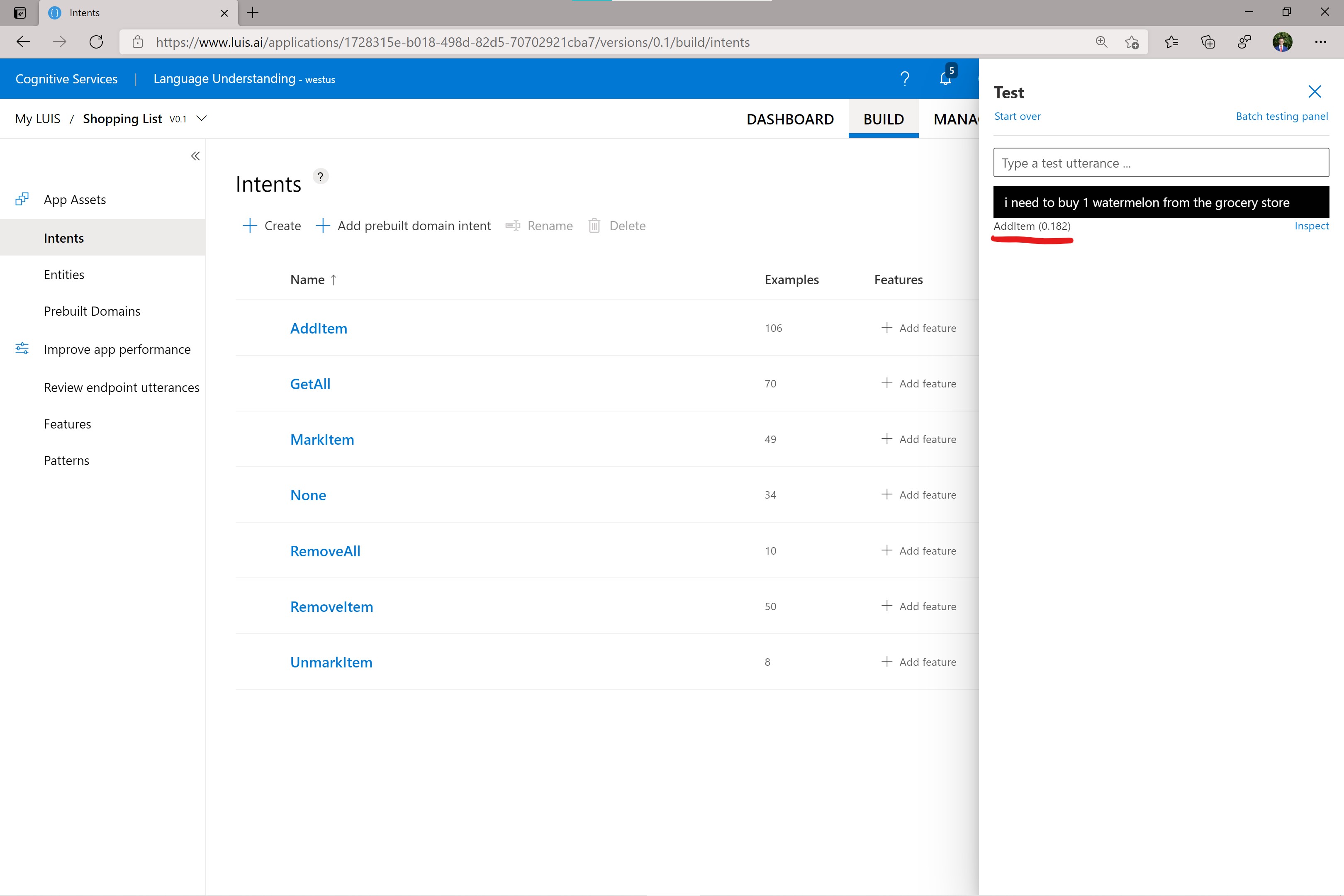 Screenshot of luis.ai test panel result for 'i need to buy 1 watermelon from the grocery store' test sentence showing recognized intent is 'AddItem'