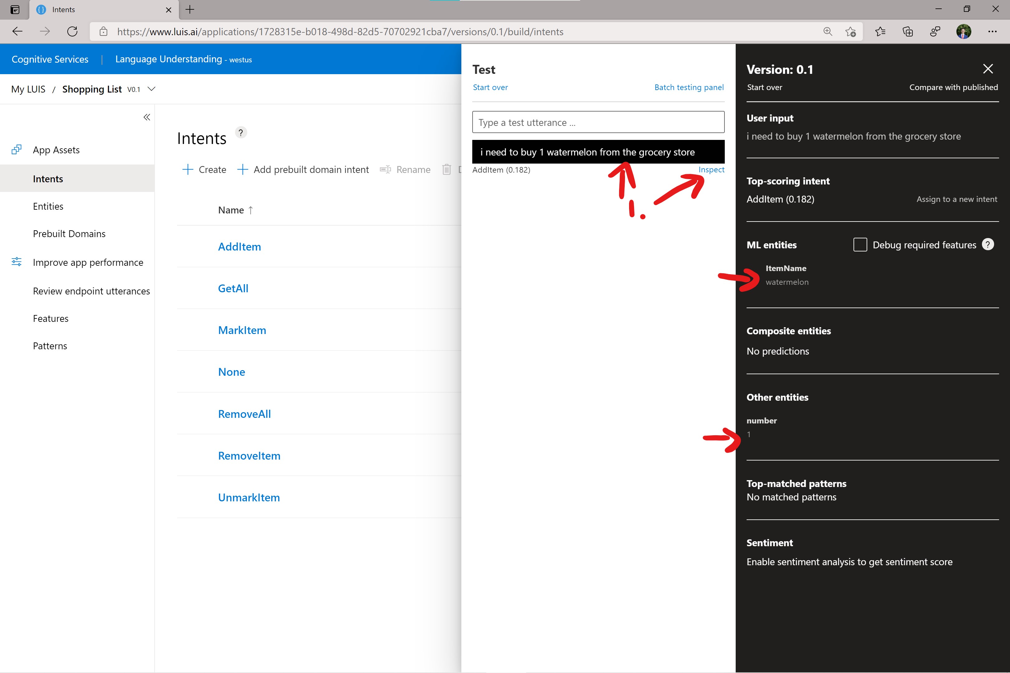 Screenshot of luis.ai test detailed output panel showing 'watermelon' as ItemName entity and 1 as number entity