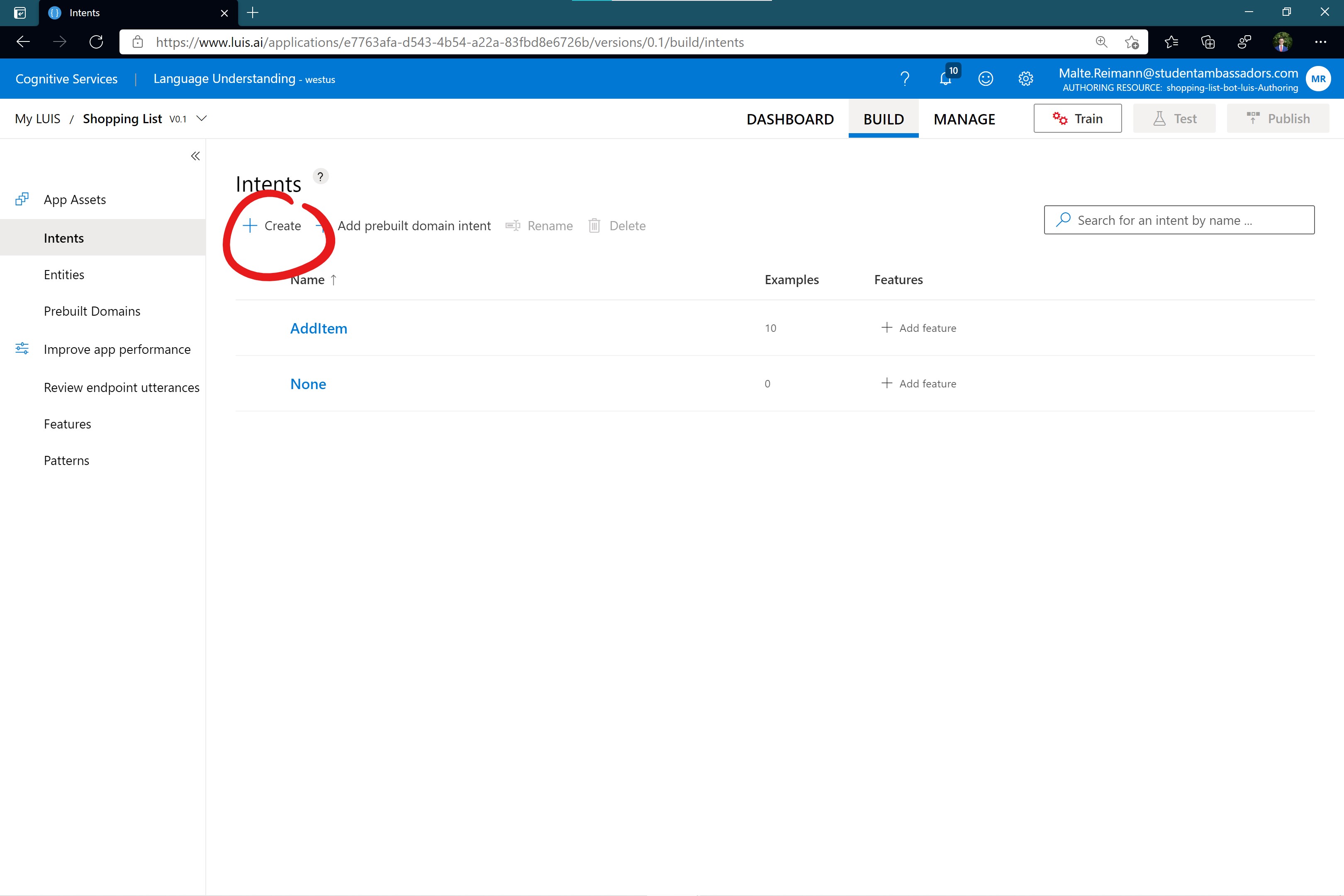 Screenshot of luis.ai 'Intents' page with the default 'None' intent and 'AddItem' intent and red circle around '+ Create' button