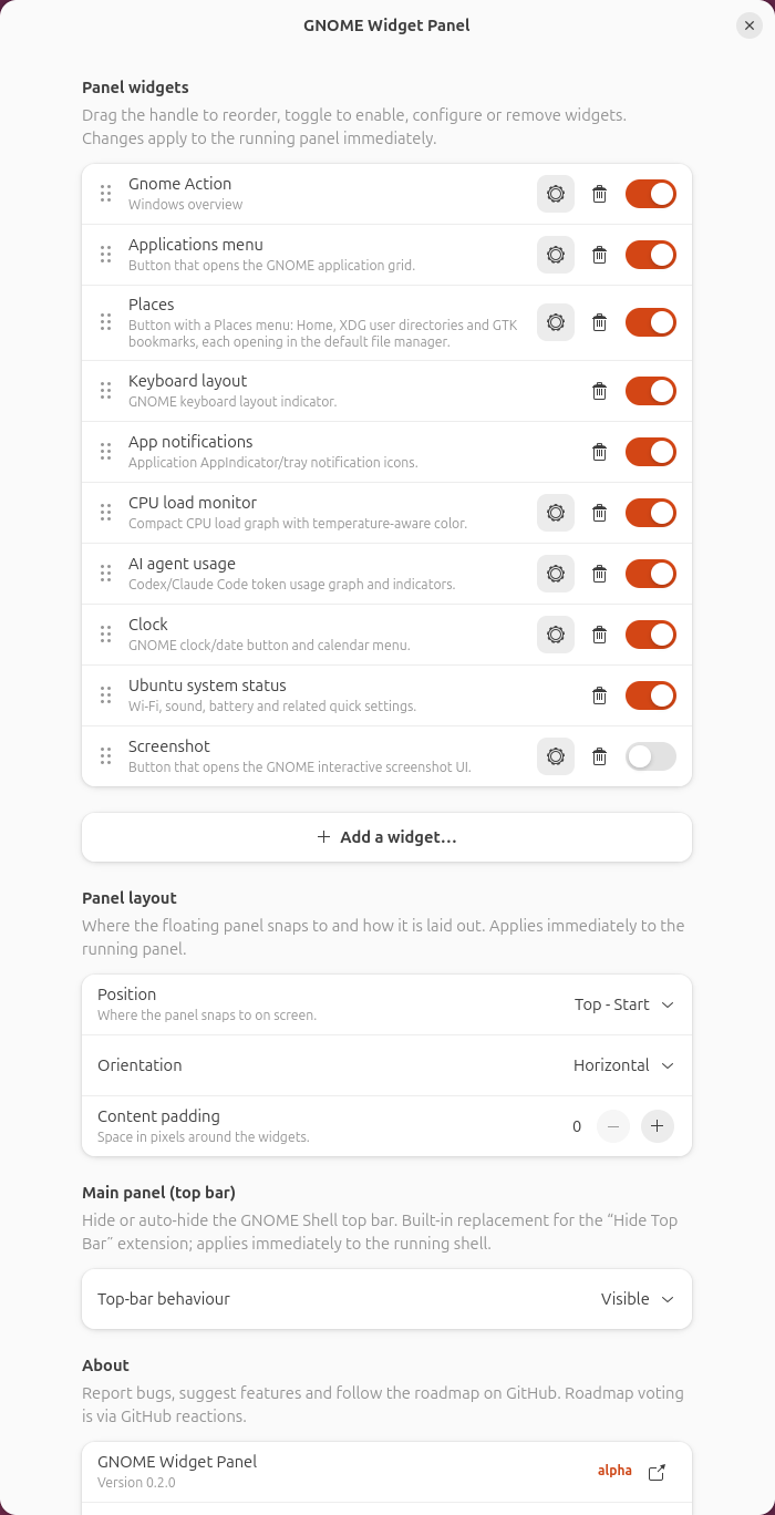 The settings window