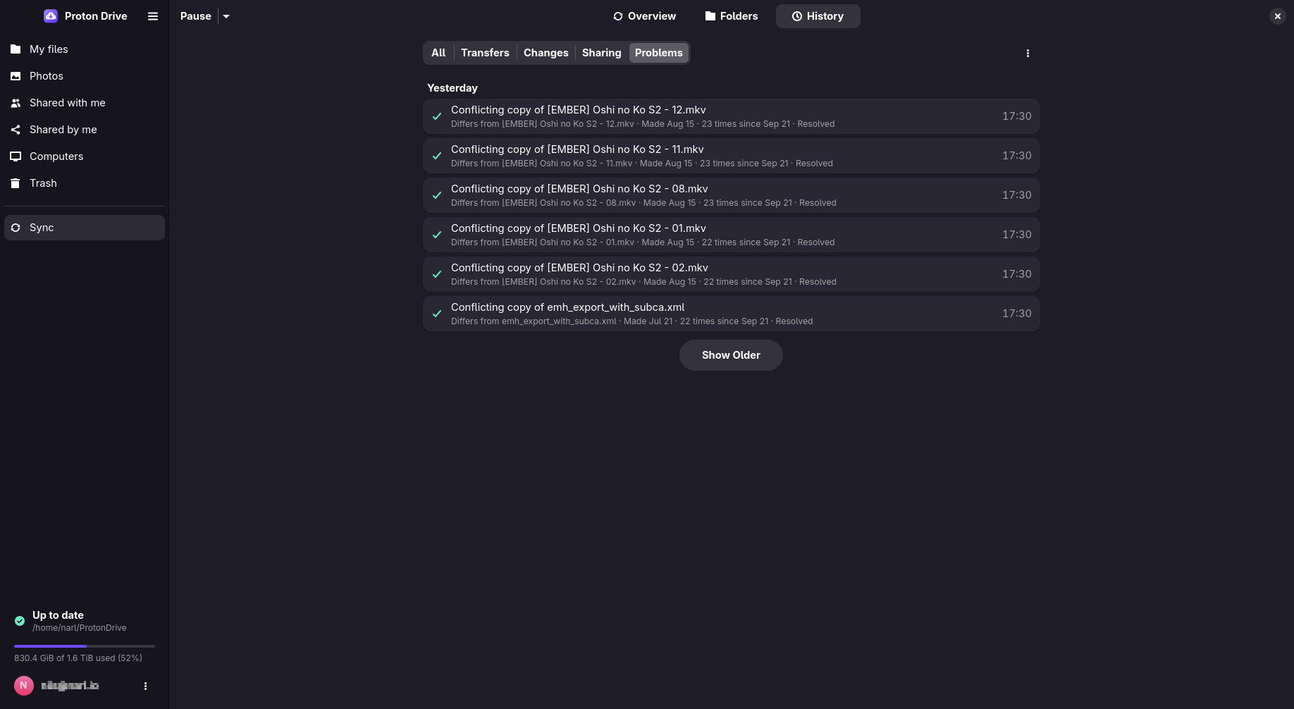 Sync history with resolved conflicts