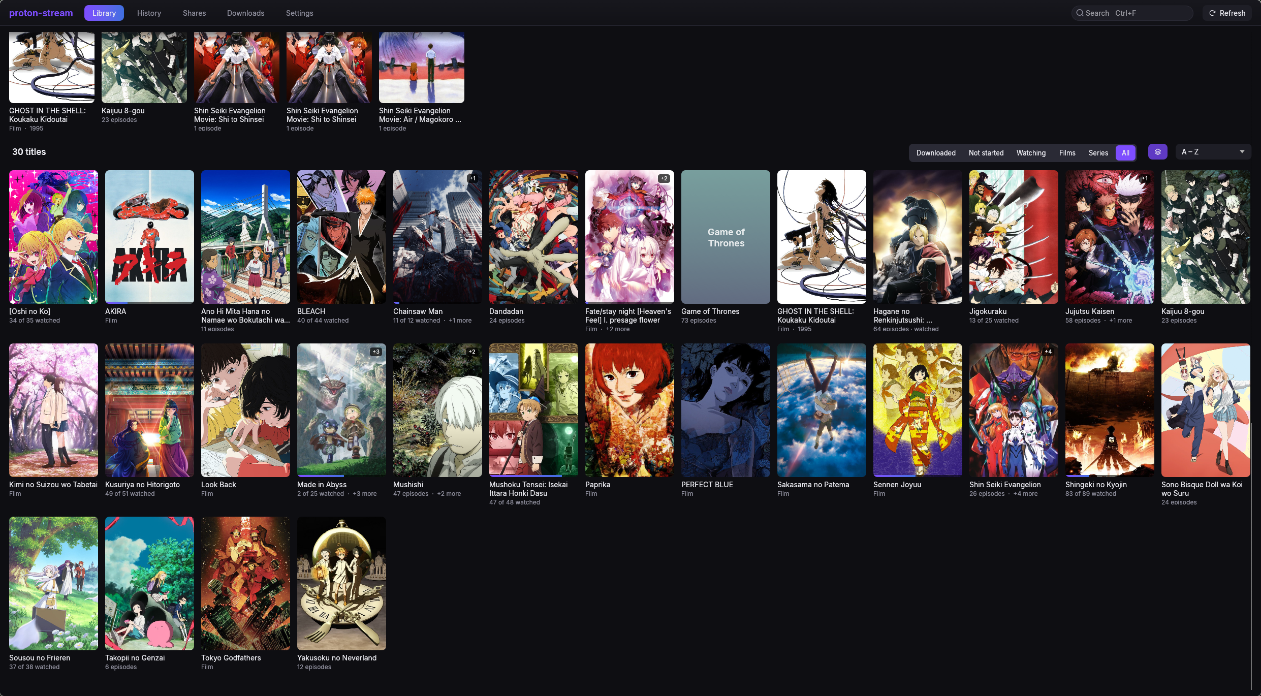 The whole library, filtered and sorted