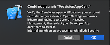 Xcode error message "Could not launch"