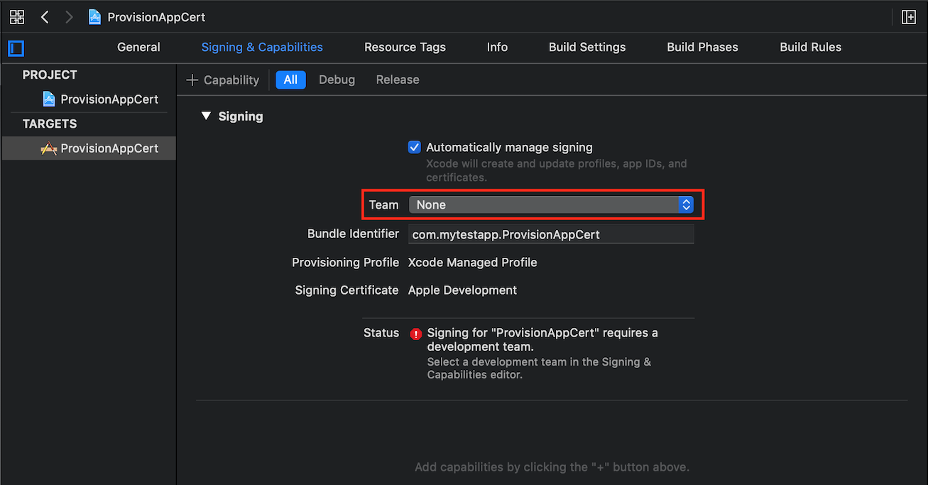 Signing & Capabilities tab in Xcode