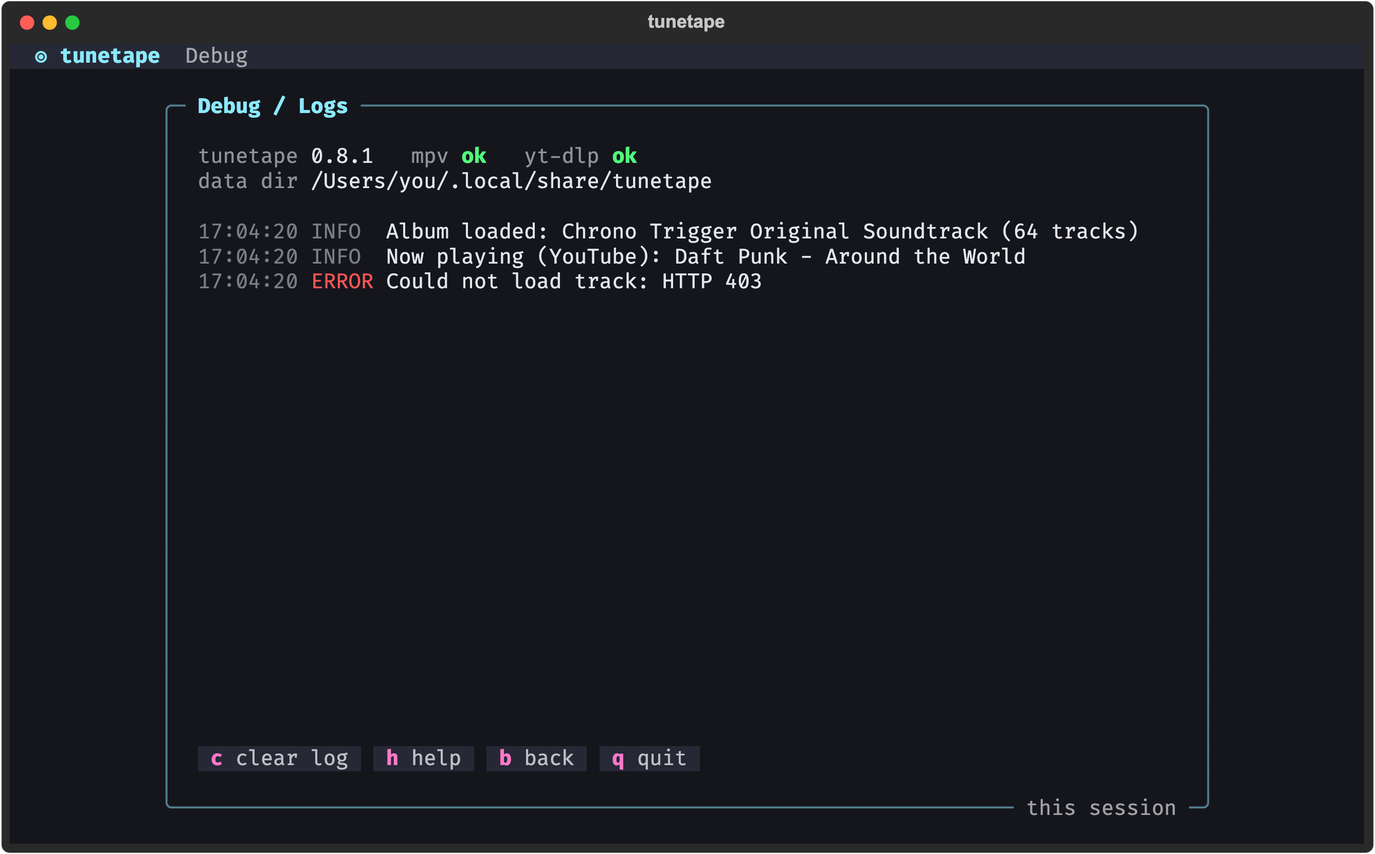 Debug / Logs screen