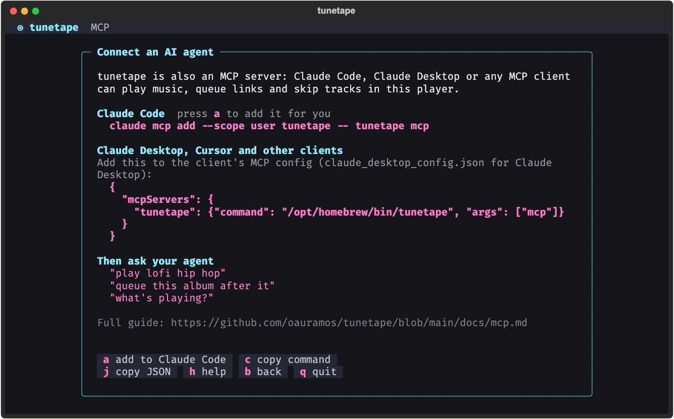 The MCP screen: the claude mcp add command, the mcpServers JSON, example prompts and keys to copy or add
