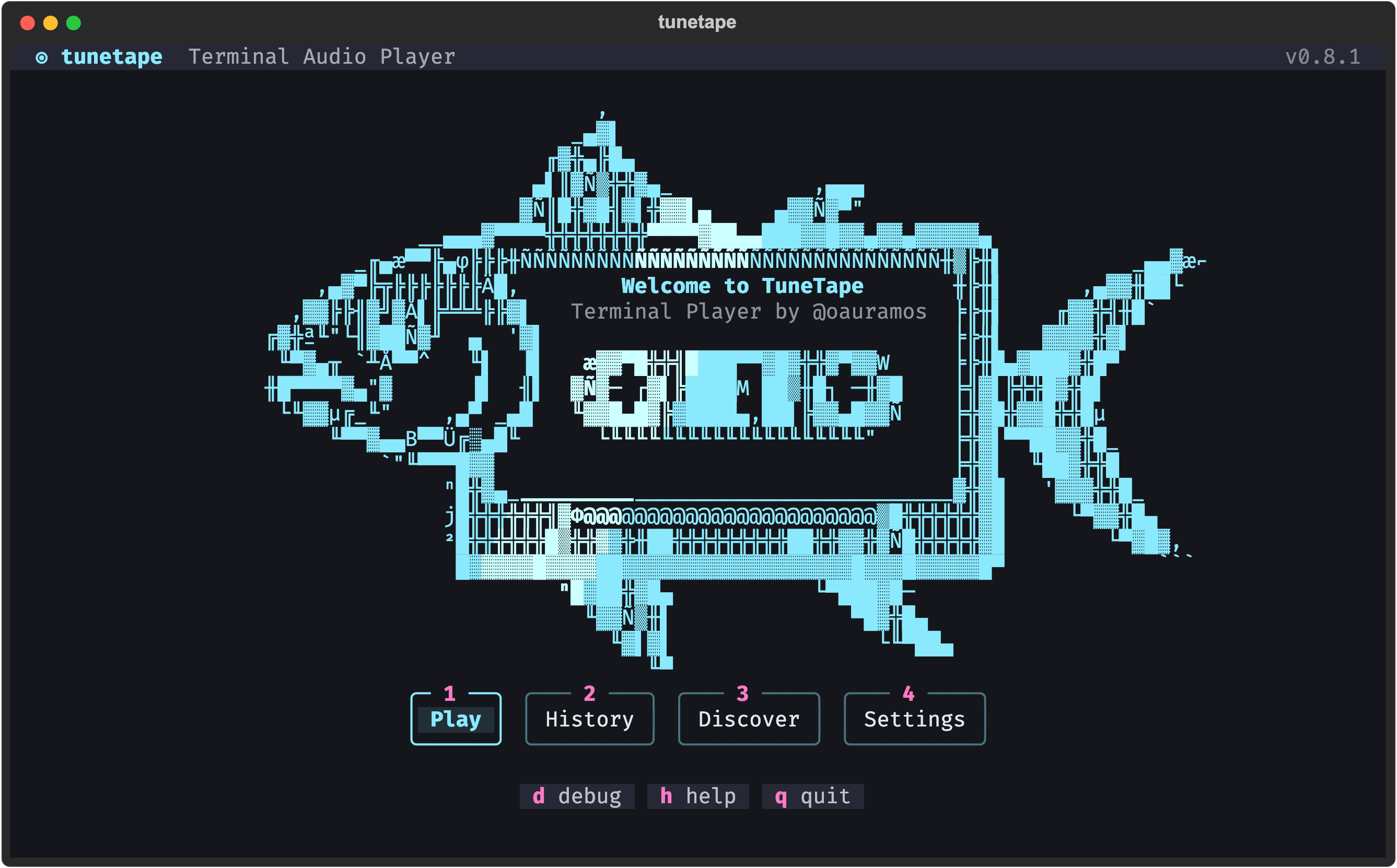 tunetape welcome screen with the ASCII tuna and the menu buttons