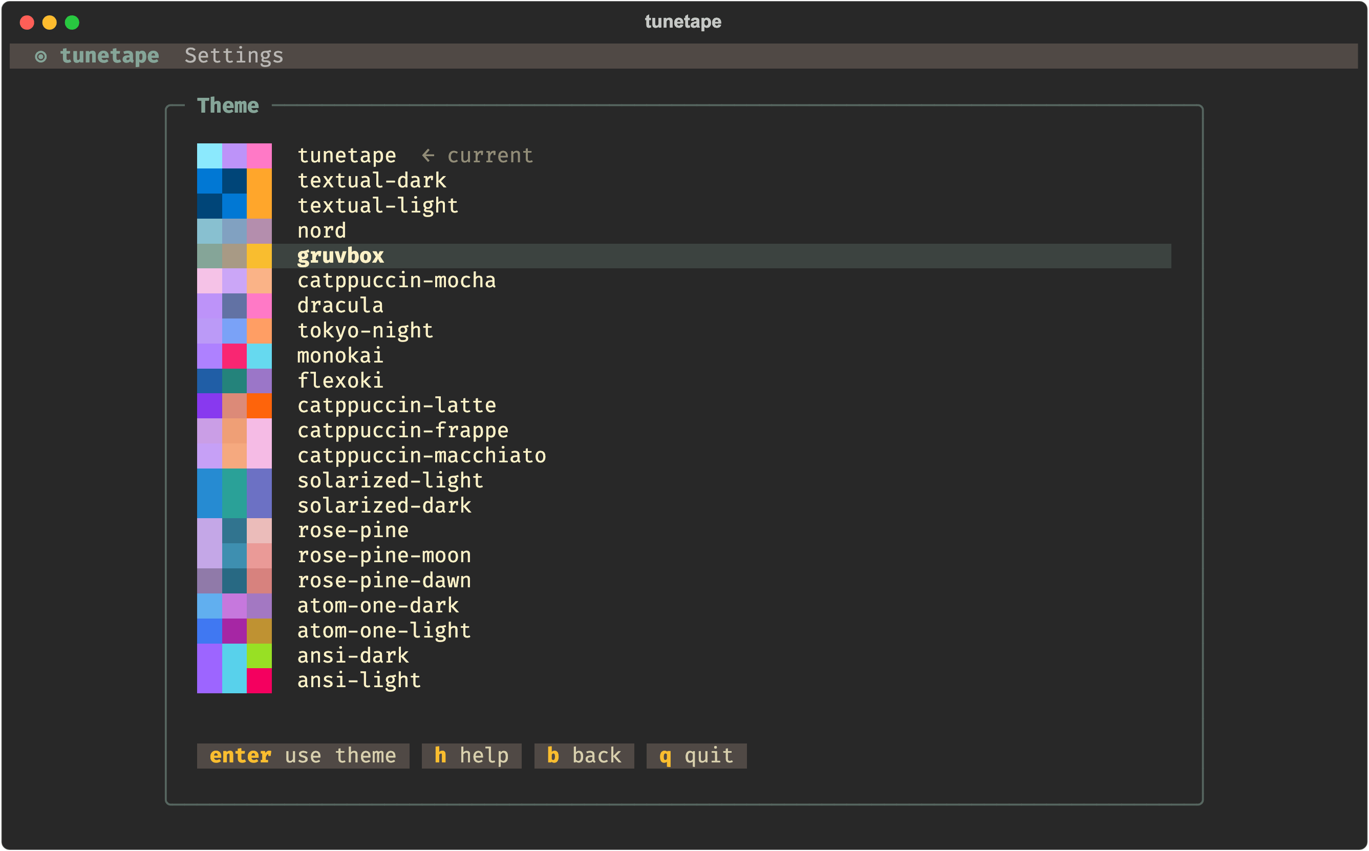 Theme picker previewing gruvbox
