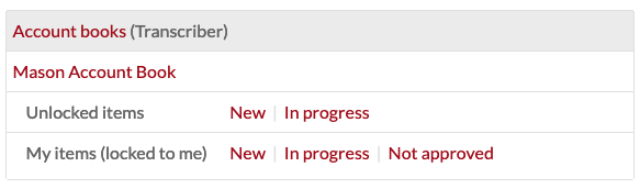 Close up of dataset view for a project on which the user is a transcriber, showing the options as described