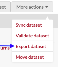 More actions dropdown open with a blue arrow pointing to the export dataset option