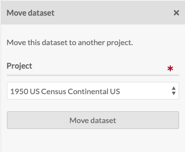 Move dataset drawer with the dropdown showing the project "1950 US Census Continental"