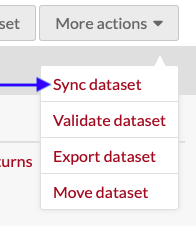 More actions dropdown open with a blue arrow pointing to the sync dataset option