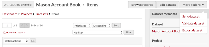 the top half of a Dataset view, with the dropdown menu of dataset actions open.