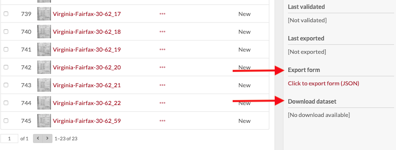 The bottom of a browse items page with red arrows pointing to the export form and download dataset links.