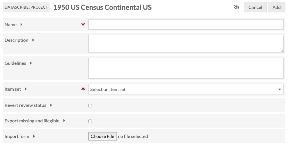 An empty form for a new dataset with fields as described.