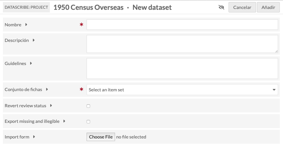 panel para crear un nuevo conjunto de datos