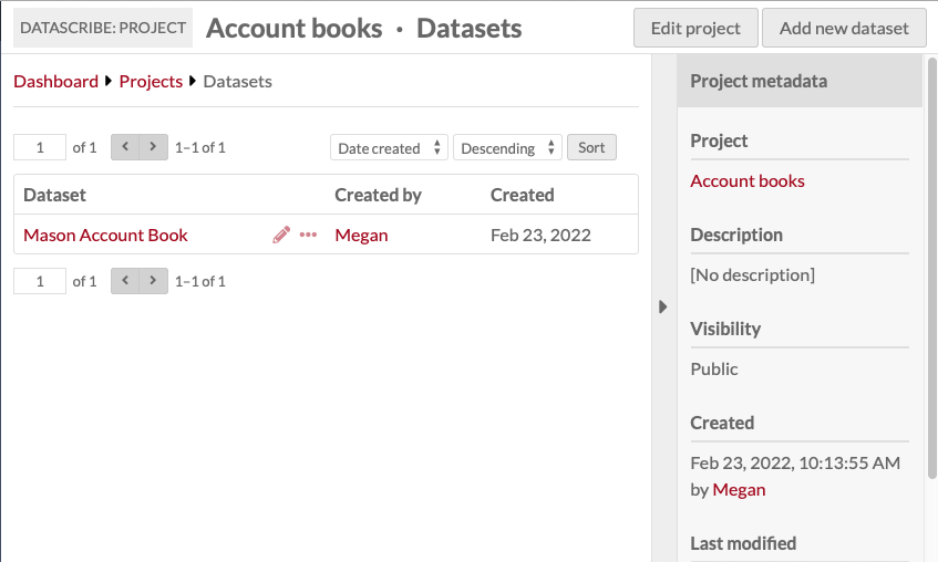 Dataset browse for the project "account books" with only one dataset present