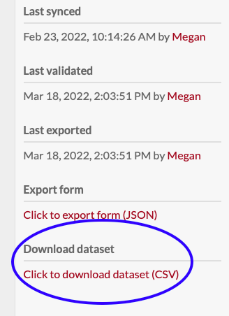 Dataset information drawer scrolled to the bottom to show the download dataset options, with a blue circle around the download options