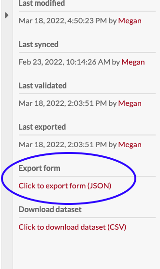 Right hand sidebar of a dataset with blue circle around the "Export form" option