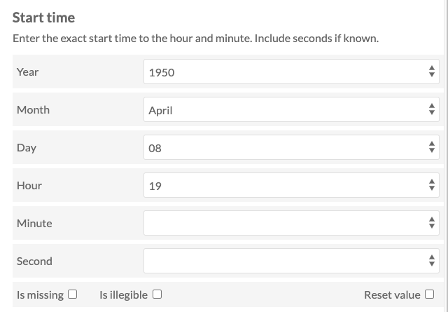 Date-time block in a transcription form, as described