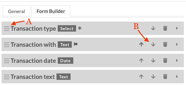 Three fields in the form builder. The A and B arrows are in red.