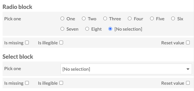 Radio and Select blocks stacked in that order. The Radio block has options labeled with the written numbers One through Eight, displayed over two lines. The Select block dropdown is set to "No selection". 