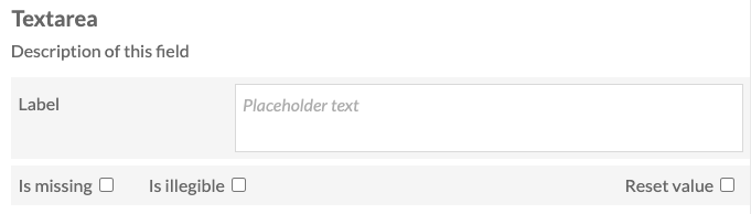 Textarea block on the transcription page. The text entry area has gray italics reading "this is some placeholder text".