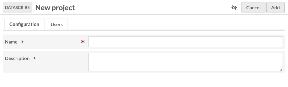 New project page on the Configuration tab, no data yet entered
