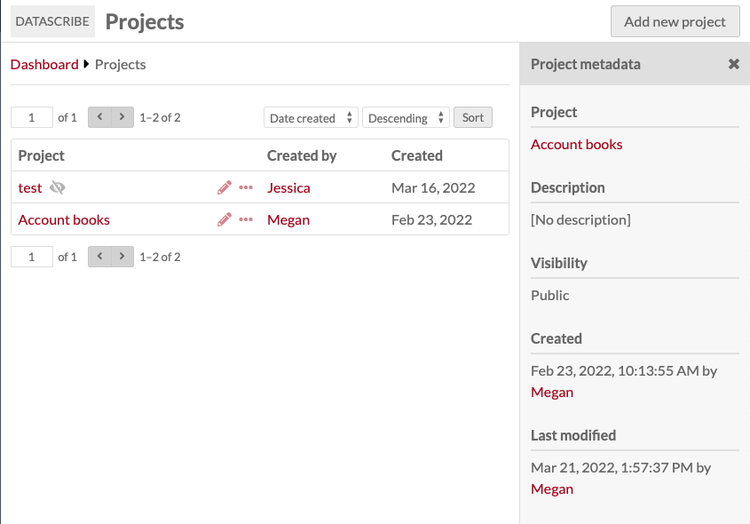 Browse table with two projects, side drawer open to display metadata about one of the projects