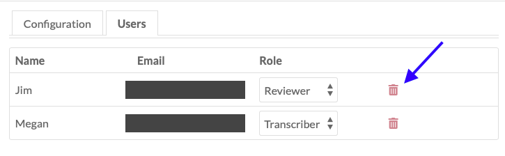 Users tab with two users, Jim and Megan, with their emails redacted. A blue arrow points to the trash can icon to delete a user.