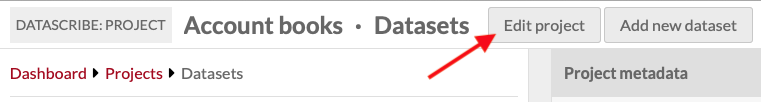 Header area of the project metadata and dataset browse view. A red arrow points to the Edit project button.