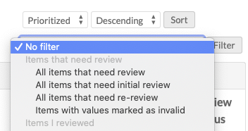 close up of the Items needing review filter dropdown