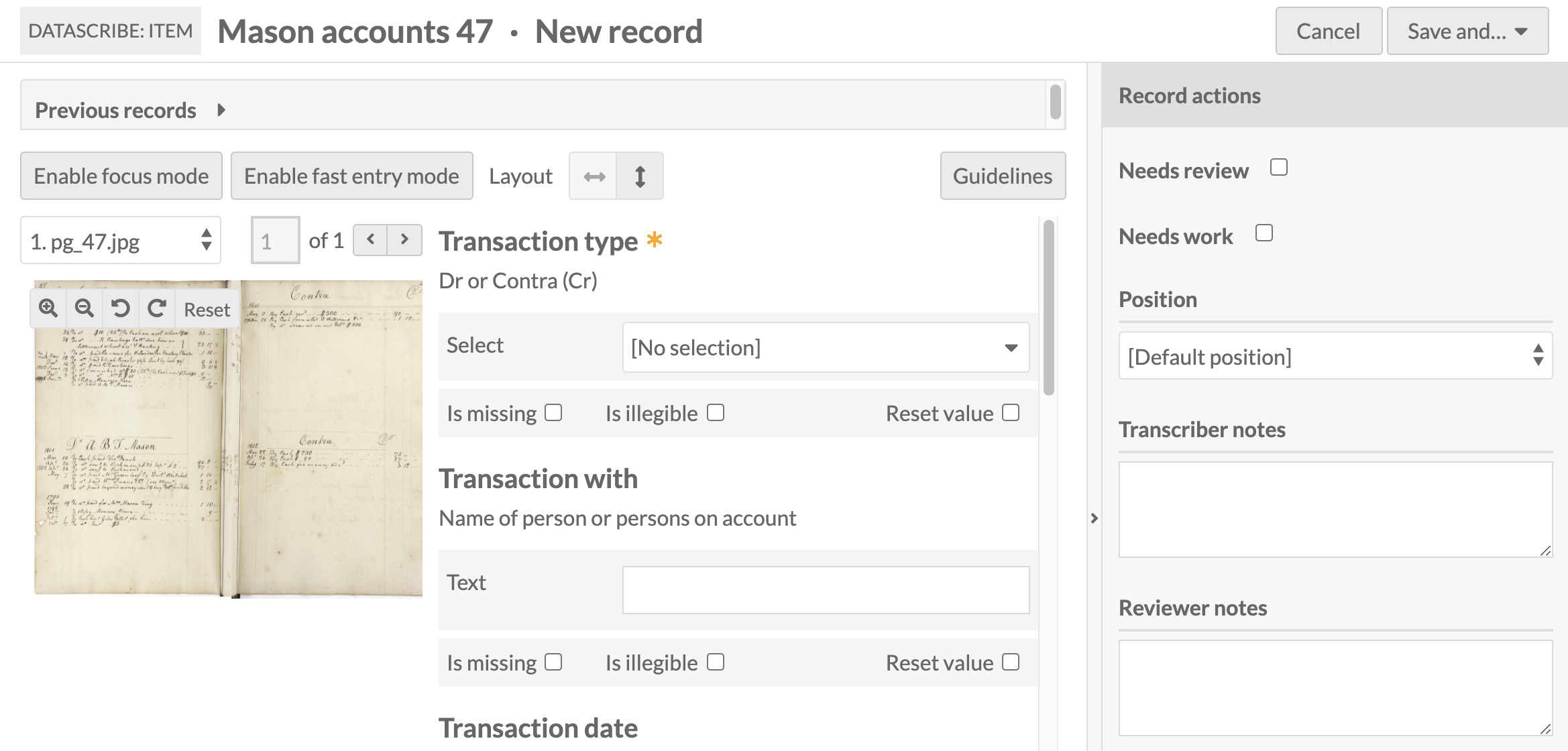 Transcription view of DataScribe, record actions drawer open.