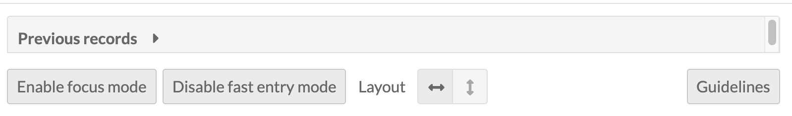 close up of the work area options, including a toggle area for previous records and the buttons described above.