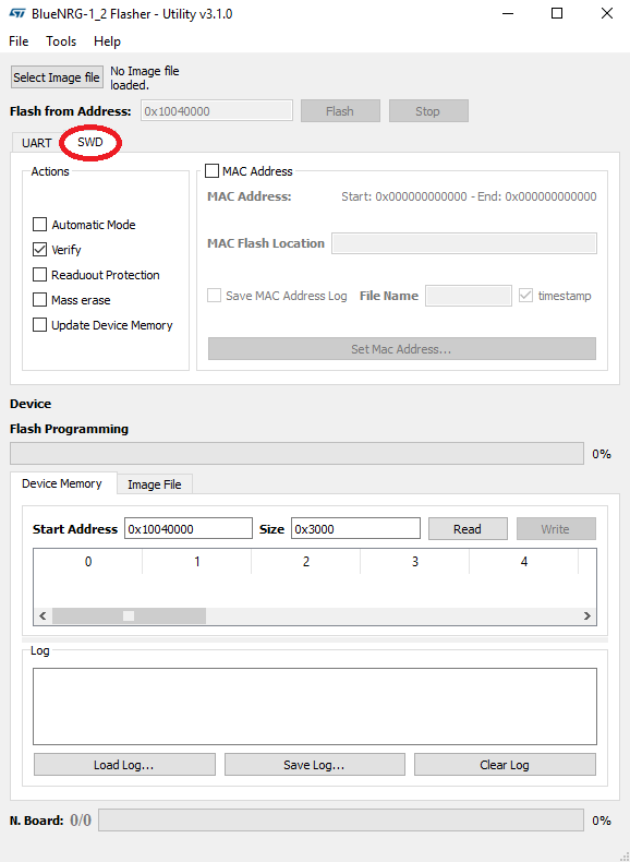 "SWD tab of ST BlueNRG-1_2 Flasher Utility"