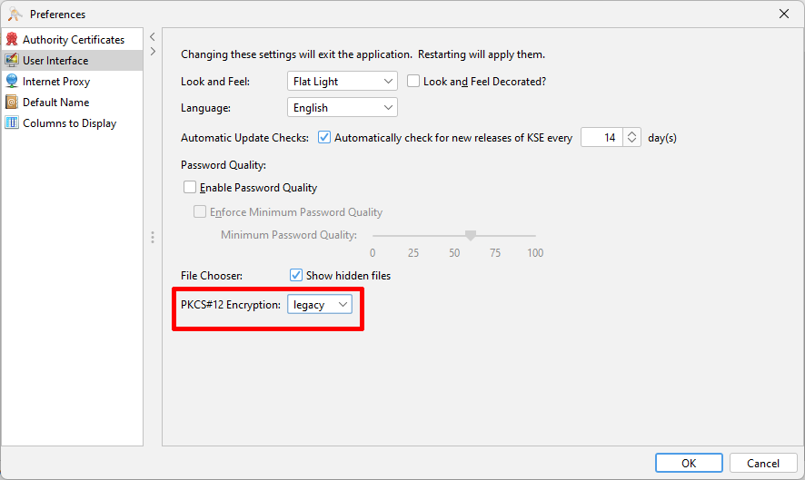 Set PKCS#12 Encryption to Legacy