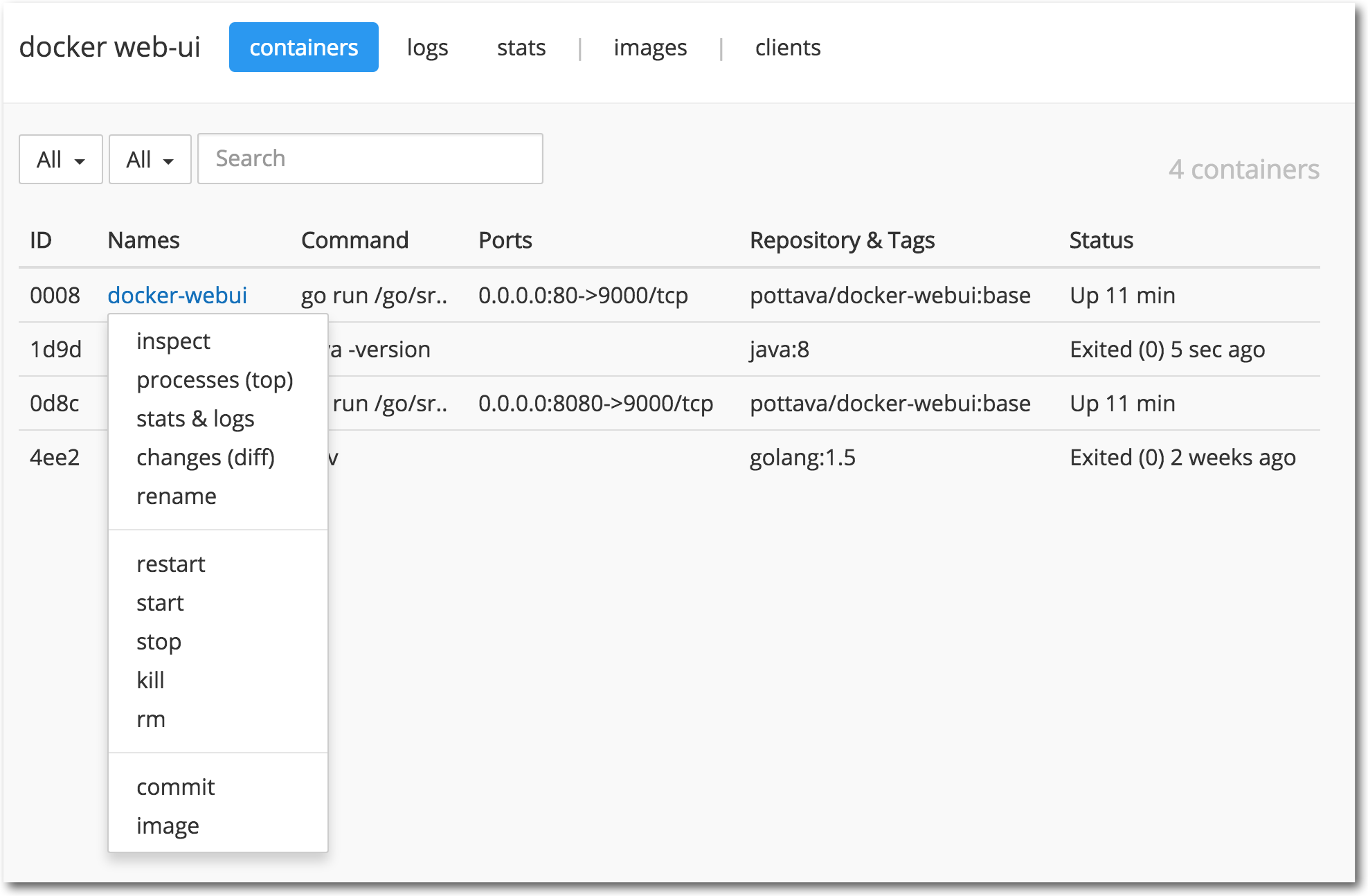 Docker rename container. Docker commit. Docker logs. WEBUI. Wiki js Demo.