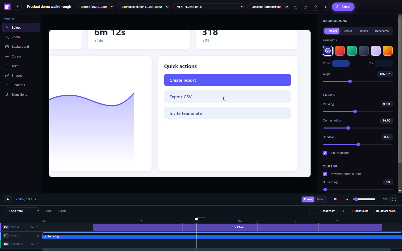 ZoomArc editor: preview zoomed in on a click, settings panel and timeline with a zoom segment
