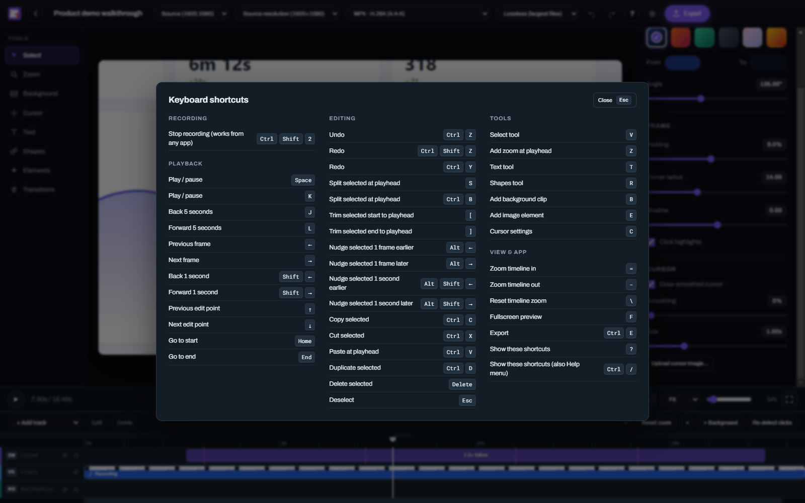 ZoomArc keyboard shortcuts overlay
