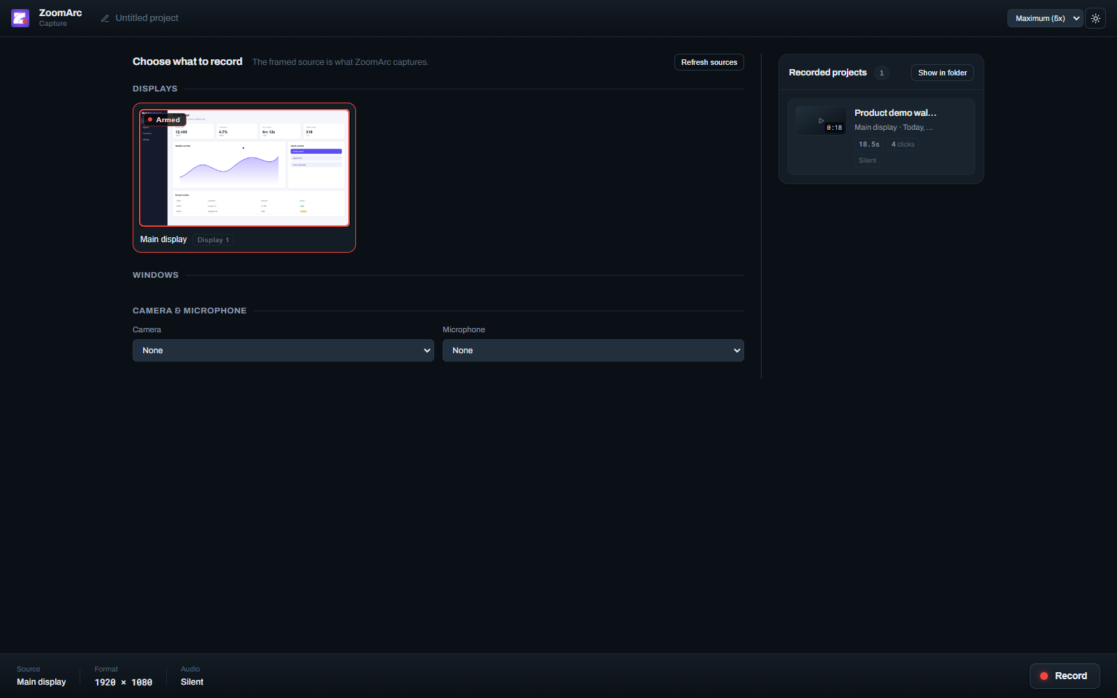 ZoomArc recorder screen: choose a display or window, camera and microphone